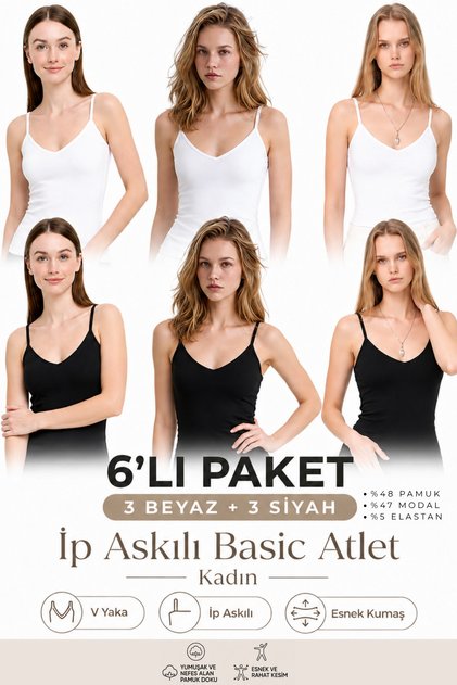 Women's 6-Piece Cotton & Modal Strap V-Neck Basic Undershirt - Non-Sweating Flexible Fabric