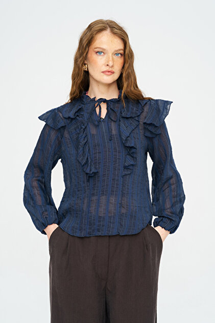 Women's Striped Ruffle Detailed and Sparkling Blouse