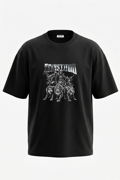 Kafatasi Kurtlar Design Back Printed Cotton Black Oversize T-Shirt