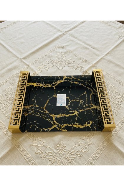 Decorative Rectangular Chrome Metal Glass Presentation Tray with Marble Pattern-Gold