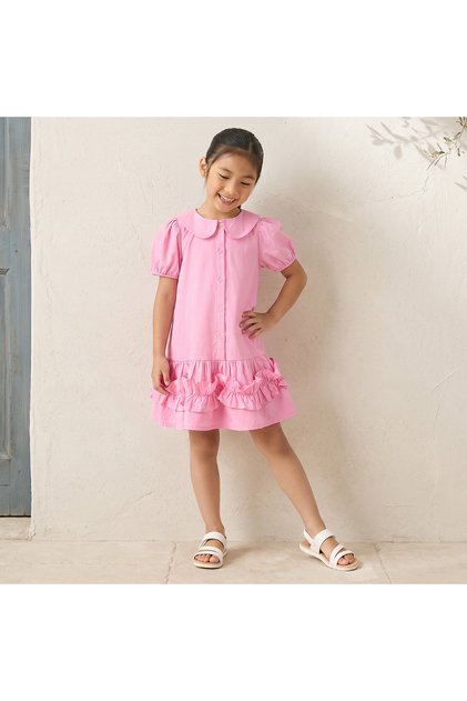 Peter Pan Collar Short Sleeves Drop Waist Dress with Ruffle Design