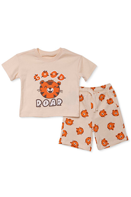 HelloBaby Erkek Bebek Tişört-Şort Kaplan Baskılı Bağcıklı Bisiklet Yaka Short Sleeve Reçme