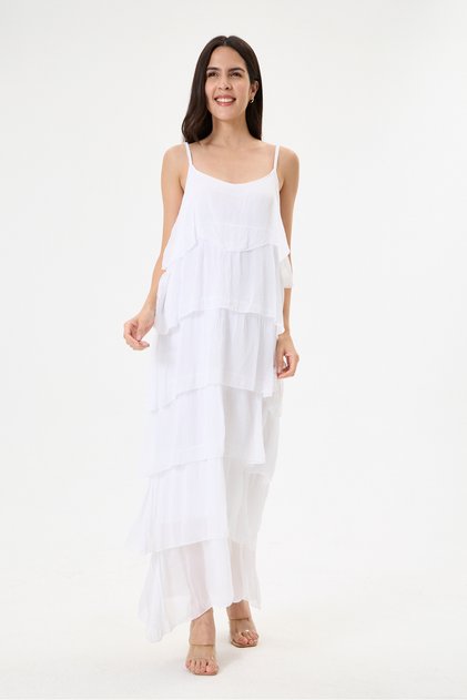 White Italian Layered Adjustable Strap Lined Long Silk Dress 38 - 44 Size