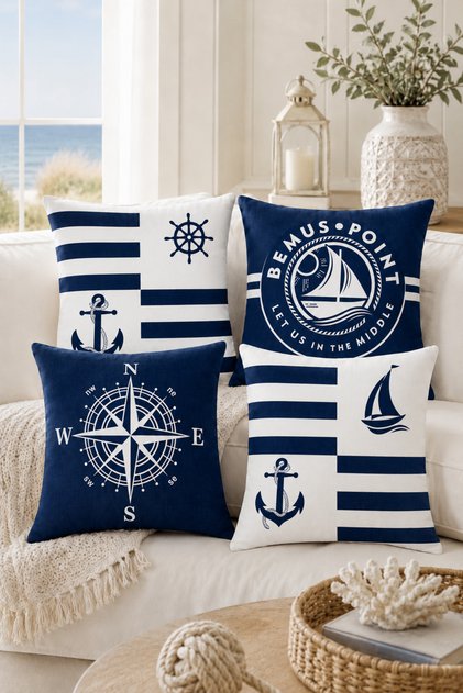 Navy Blue White Marine Themed Set of 4 Decorative Throw Pillow Covers 43X43 cm