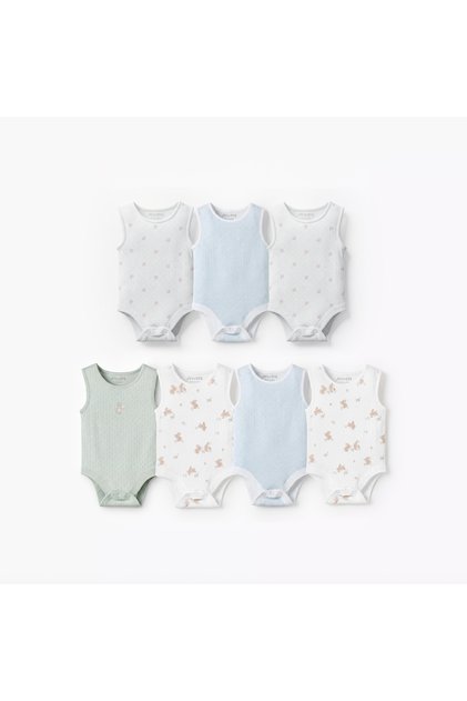 Pack of 7 Cotton Round Neck Sleeveless Bodysuit with Snap Button Closure