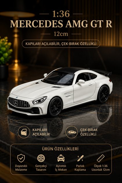 1:36 Mercedes AMG GT R Beyaz Diecast Metal Oyuncak Araba Açılır Kapı Çek Bırak