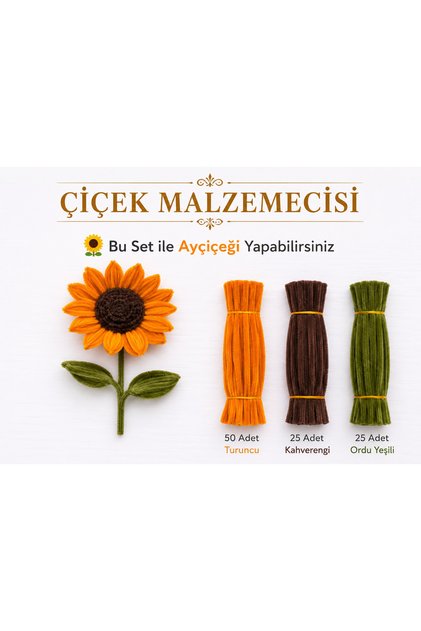 Çiçek Malzemecisi 100 Adet Ayçiçeği Şönil Yapım Seti – Turuncu, Kahverengi, Ordu Yeşili