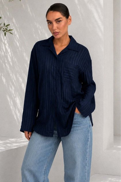 Navy Blue Striped Patterned Relaxed Fit Women's Shirt Mg2741