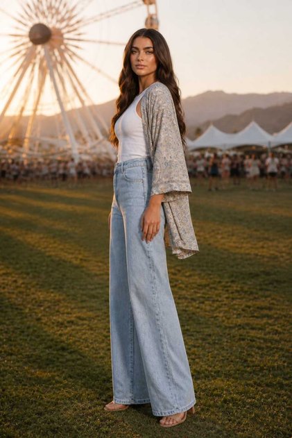 Yüksel Bel Likralı Geniş Paça Kadın Kot Jeans - Buz Mavi Pantolon