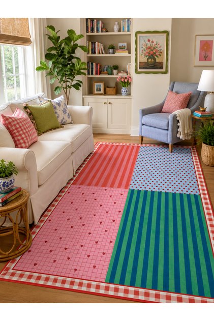 Renkli Pastel Geometrik Çizgi Kalpli Dekoratif Halı