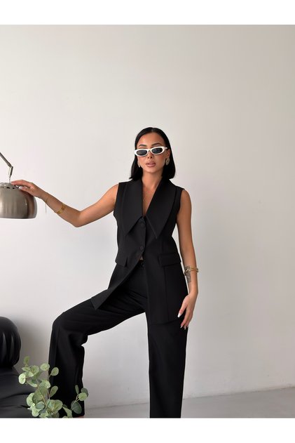 Women's Premium Wide Collar Vest Trouser Set-Black