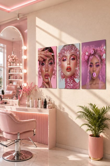 Pink Glamour 3'lü Ahşap UV Baskı Tablo Seti 30x42 cm – Çerçevesiz Modern Duvar Dekoru 3 mm MDF Kuaför Salonu Tablosu