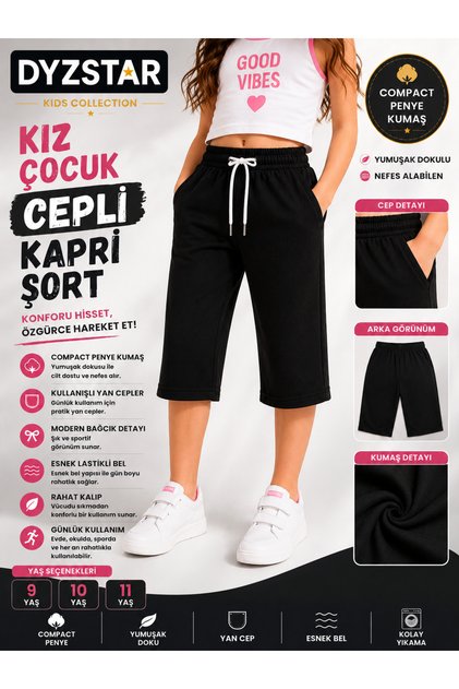Kız Çocuk Cepli Kapri Şort Siyah Compact Penye Rahat Kalıp Lastikli Bel Yazlık Kapri 11-12-1