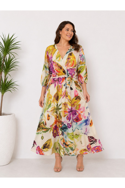 Flower Patterned Satin Plus Size Dress