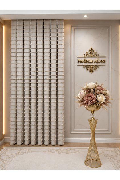 Linen Textured Tasseled Beige Background Curtain Luxurious Heavy Weighted Single Panel 1/3 Sik Pleated