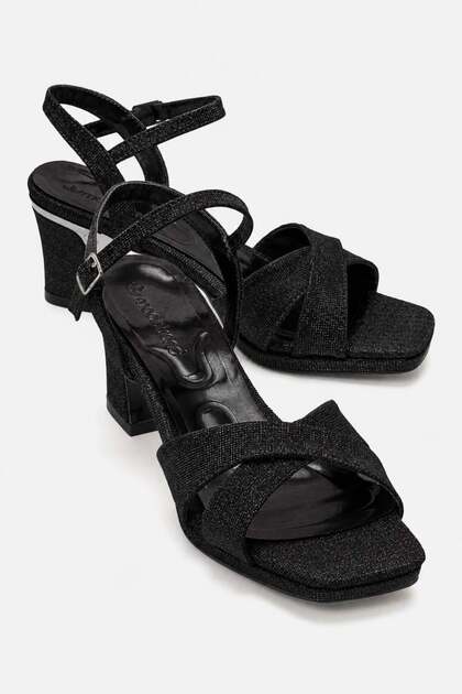 Women's Cross Galvanized Heeled Sandals; Black Glitter