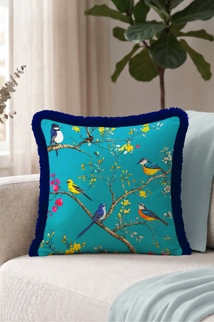 Exotic Bird and Floral Decorative Fringe Pillowcase - Nature-Themed Navy Blue Tassel Throw Pillow Cover