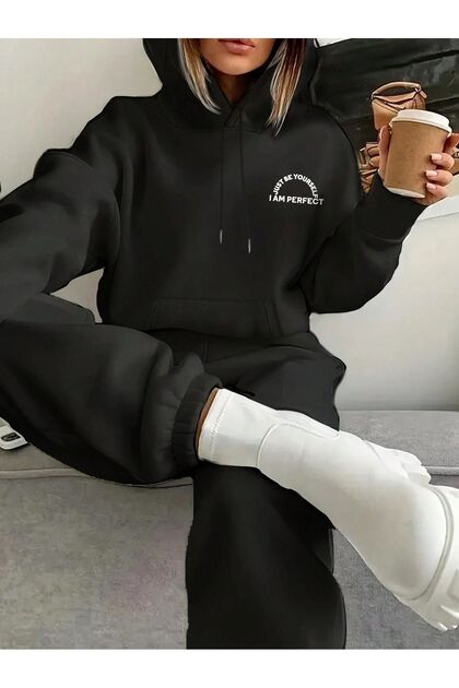 Im Perfect Sweat Suit - Μαύρο εμπριμέ κοστούμι Jogger φούτερ με κουκούλα από καουτσούκ