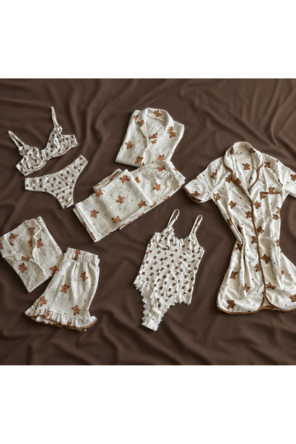 Tiny Teddy Bear Patterned White 8 Piece Pajamas Nightgown Underwear Dowry Set