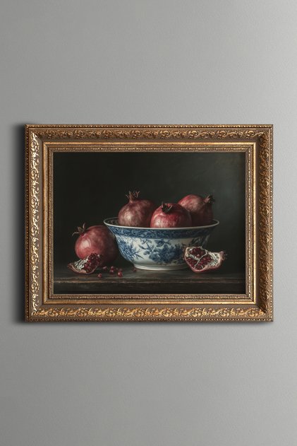 Still Life Pomegranate Composition - Vintage Patterned Painting - Thick Model
