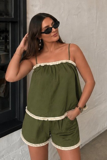 Khaki - Women's Blouse-Shorts Set
