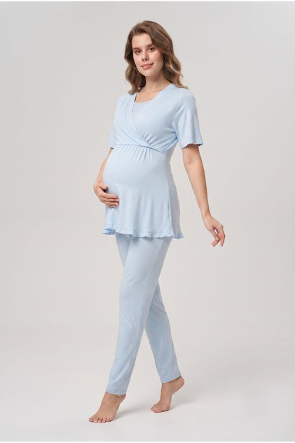 Women's Blue Double-Breasted Collar Maternity Pajama Set with Breastfeeding Feature