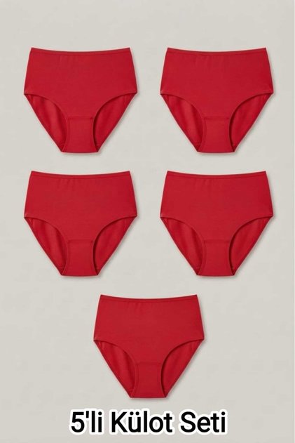 Women's 5-Piece Red Plus Size High-Waisted Cotton Ribbed Panties - Gathering and Comfortable Daily Bato Underwear