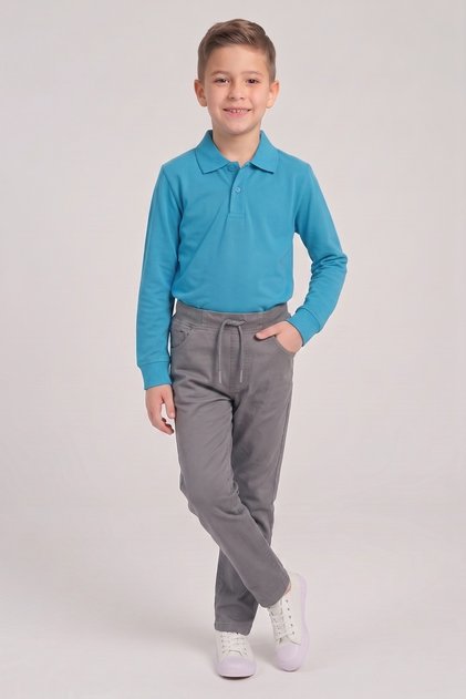 Boys' Turquoise Long Sleeve Polo Collar T-Shirt Gray Ribbed Waist Canvas School Pants Bottom Top Set School Outfit