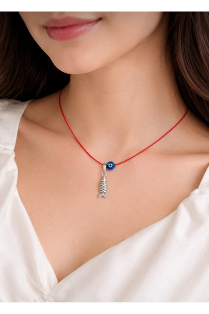 Red String Glass Evil Eye Bead Detailed Silver Color Fish Adjustable Necklace Does Not Tarnish