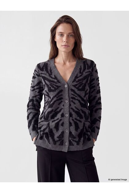 Lcw Grace Black V-Neck Patterned Women's Knitwear Cardigan