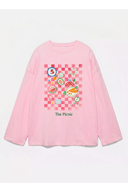 100% bumbac, cu potrivire oversize, cu imprimeu picnic - tricou cu mânecă lungă cu gâtul rotund