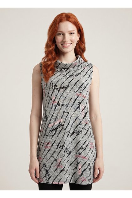 Women's Patterned Long Knitwear Blouse Half Turtleneck Sleeveless