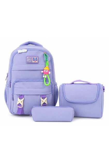 'Butterfly' Five-Compartment Orthopedic Bag with Lockable Accessories, Pen Holder and Thermos, 3-Piece School Bag Set