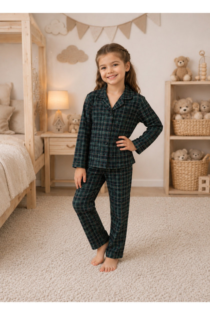 Girl's Cotton Buttoned Suede Long-Sleeved Pajama Set