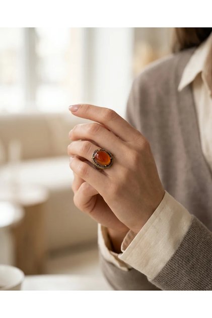 Authentic Bronze with Orange Stone Vintage Adjustable Women's Ring Special Design Jewelry
