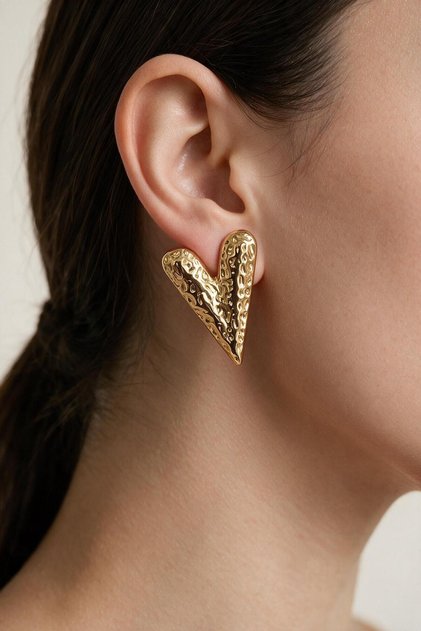 Women's Gold Color Stainless Steel Heart Shaped Textured Earrings
