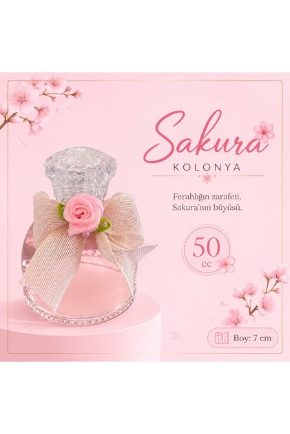 50 cc Sakura Kolonyası | Kurdeleli Hediyelik Cam Şişe | Kristal Kapaklı Özel Tasarım | Sakura Kokulu