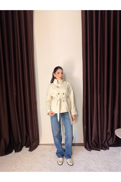 Women's Stand Collar Trench Coat Jacket with Belt and Buttons