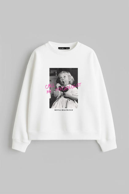 Call My Psychologist Printed Hoodless Relaxed Fit Women's White Sweatshirt