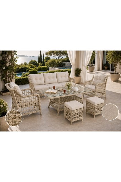 DİVARESE MAXİ MİNDERLİ BAHÇE BALKON TERAS TAKIMI, 6 KİŞİLİK, BEJ