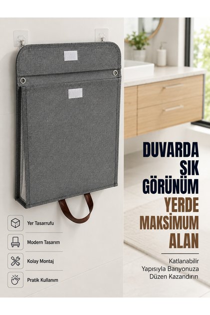 Katlanır Duvar Askılı Çamaşır Sepeti Geniş İç Hacimli Banyo yici