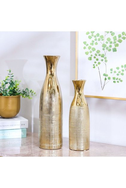 Liana Set Of 2 Vase Gold 9X9X30, 10.3X10.3X40.3Cm, Stoneware, L 10.3 x W 10.3 x H 40.3 cm, Vases