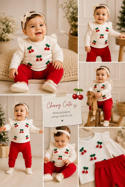 Baby Girl Ribbed 2-Piece Set Cherry Embroidered Ruffle Detailed Long Sleeve Top and Bottom Set 0-24 Months
