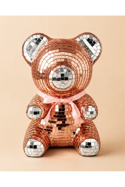 El Yapımı Aynalı Disko Ayıcık Teddy Pembe Kurdele - 20 cm