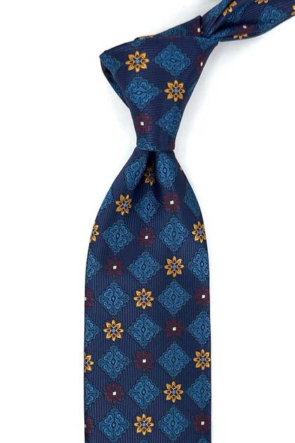 Navy Blue Turquoise Motif Patterned Classic Tie with Handkerchief Kk13944