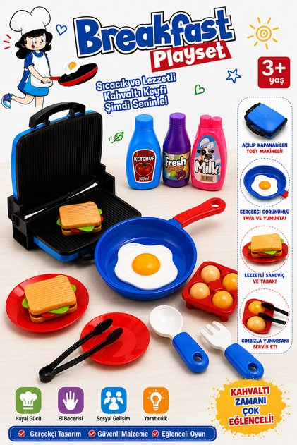 Oyuncak Tost Makinesi ve Tava Seti Mutfak Oyun Seti Eğitici