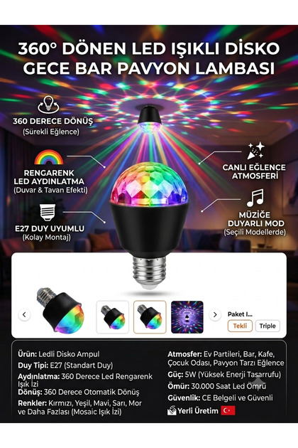 360° Dönen Renkli LED Disko Ampulü - E27 Standart Duy, Gece Kulübü & Pavyon Efektli Parti Lambası