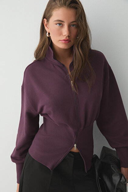 Vivaldi women's organic cotton corset waist zippered purple sweatshirt