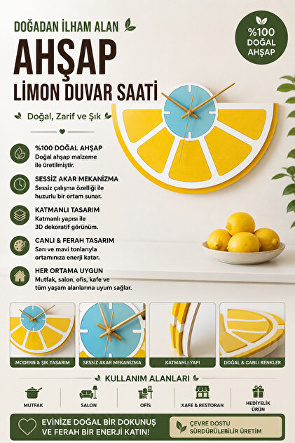 Ahşap Limon Duvar Saati | Dekoratif Limon Tasarımlı Saat | Renkli Mutfak ve Ev Dekoru | Hediyelik