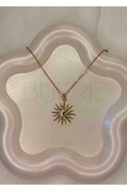 Paslanmaz Çelik Gold Beyaz Sedefli Güneş Kolye